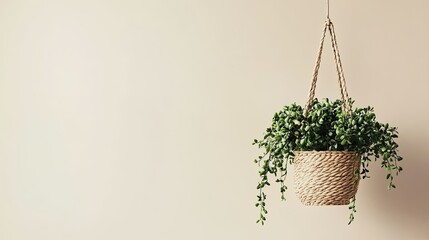 Poster - Hanging Plant in Woven Basket Against Beige Wall