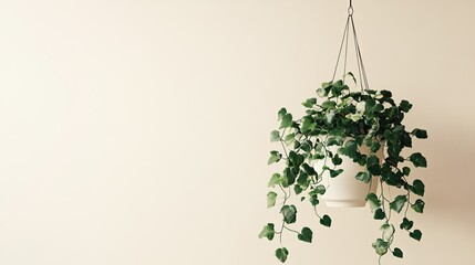 Poster - Hanging Plant in White Pot Against Beige Wall