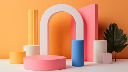 Poster - Abstract pastel geometric shapes with tropical leaf display