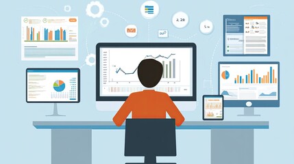 Poster - Person Analyzing Data On Multiple Screens