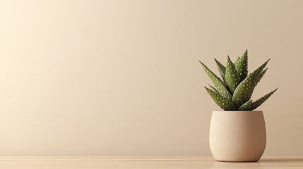 Poster - A potted succulent plant sits on a wooden surface against a beige wall