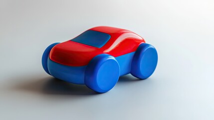 Poster - Red and blue plastic toy car sits on white background