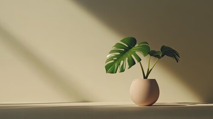 Aufkleber - Monstera deliciosa plant in a beige pot basking in sunlight