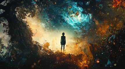 Poster - Surreal Silhouette of a Child Against a Cosmic Background Scene