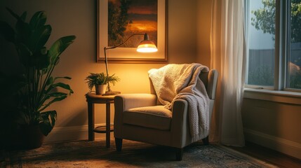 Wall Mural - Cozy armchair with a lamp and plant near a window in a warm room, for relaxing at home