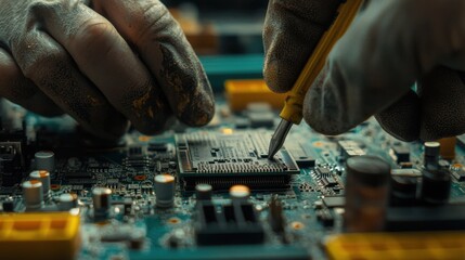 Poster - Close-Up View of Hands Working on Circuit Board with Tools