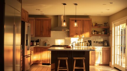 Wall Mural - A kitchen with a counter and two stools