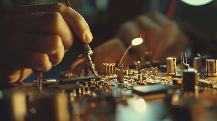 Poster - Close-Up of Technician Working on Electronic Circuit Board Repair