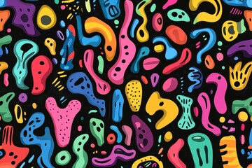 Poster - Seamless pattern featuring vibrant, playful, and abstract shapes on a black background, creating a modern and artistic design