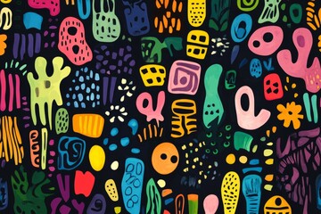 Poster - Seamless pattern featuring vibrant, hand-drawn abstract shapes on a dark background, creating a playful and artistic design