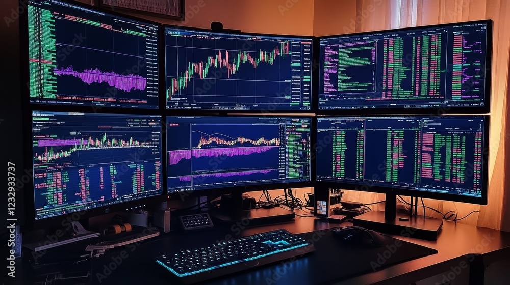 Stock price updates displayed across multiple monitors in a financial ...