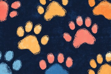 Poster - Seamless pattern of colorful paw prints creating a playful and vibrant design
