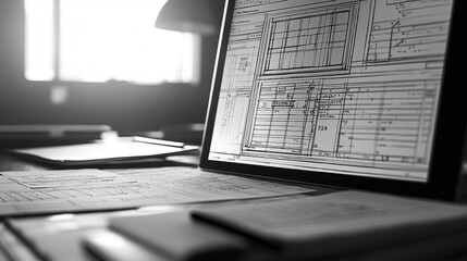 Poster - Detailed Architectural Plans on a Desk with Laptop in Black and White