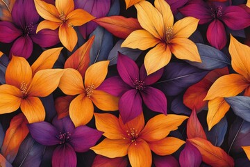 Poster - Orange and purple flowers are intertwined, creating a captivating floral backdrop