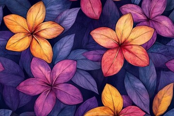 Poster - Watercolor painting showcasing a seamless pattern of vibrant plumeria flowers and leaves in various shades, evoking a tropical ambiance