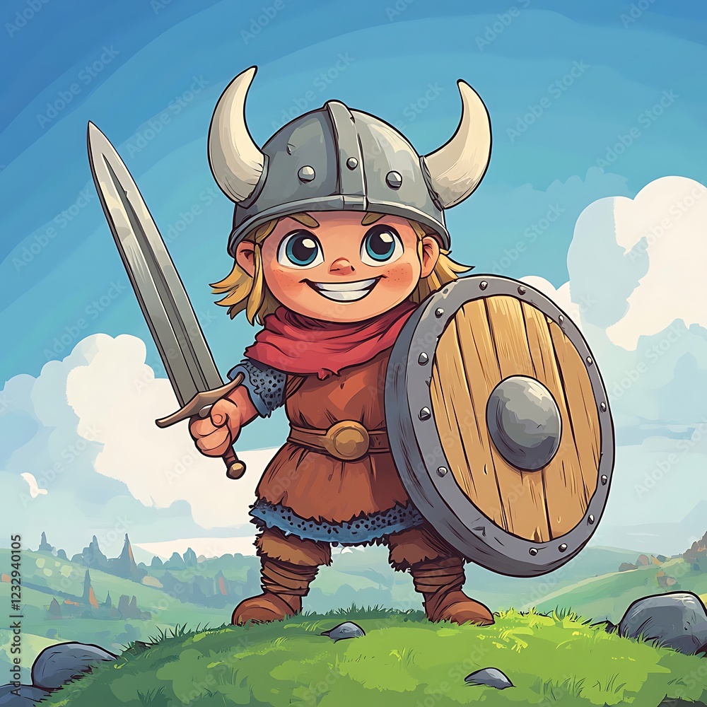 Cartoon Warrior with Sword and Shield Ready for Battle in a Fantasy ...