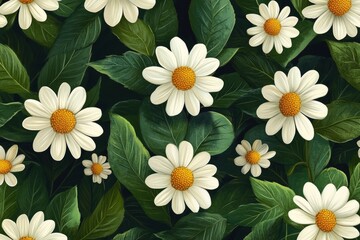 Poster - Beautiful white daisies with yellow centers blooming among lush green leaves, creating a vibrant and natural floral background
