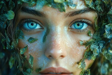 Wall Mural - Portrait of young woman standing among the green tree leaves