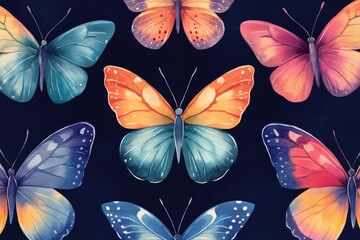 Poster - Watercolor painting of colorful butterflies with open wings on a dark background, creating a vibrant and elegant nature-inspired design