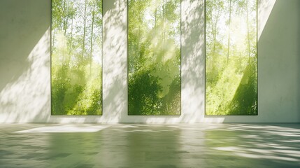 Aufkleber - Sunlight Illuminates Empty Room With Three Large Windows Showing Lush Greenery