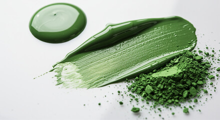 Poster - Green paint swatch and powder pigment. Green paint stroke with powder pigment. Green paint drop on white background