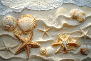 Wall Mural - Sunlight illuminating seashells and starfish on sandy ocean floor during daytime