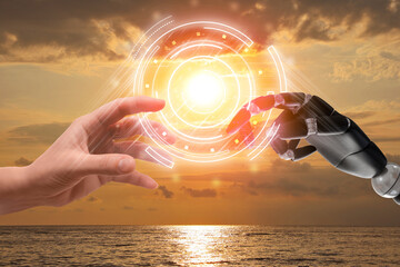 Poster - Woman and robot touching data network against sunset sky, closeup of hands. Concept of collaboration between AI and human. Modern technology