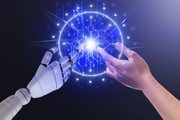 Poster - Man and robot touching data network on gradient background, closeup of hands. Concept of collaboration between AI and human. Modern technology