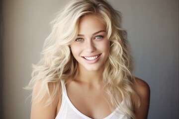 Wall Mural - Confident and Gorgeous Head Shot of Attractive Blonde Woman with Flirty Grin and Glowing Skin - Perfect for Commercial Use