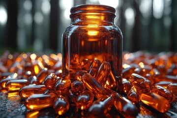 Wall Mural - A close look at a vitamins container resting on a wood surface