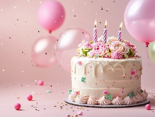 Wall Mural - A birthday cake with floral decorations, isolated on a soft background with shiny balloons floating around.