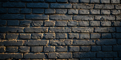 Poster - A dark brick wall is beautifully highlighted by soft natural light, showcasing a rich texture and unique patterns. The scene captures the timeless appeal of the rugged surface