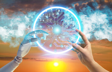 Poster - Woman and robot touching data network against sunset sky, closeup of hands. Concept of collaboration between AI and human. Modern technology