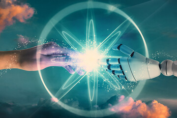 Poster - Woman and robot touching data network against sunset sky, closeup of hands. Concept of collaboration between AI and human. Modern technology
