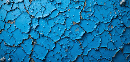 Poster - Bright blue paint peels away, creating a captivating texture that showcases layers beneath. This weathered surface tells a story of age and neglect in a forgotten space
