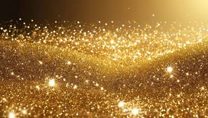 Poster - Bright light enhances the vibrancy of a shimmering golden surface. Tiny particles create a luxurious effect, reminiscent of sparkling dust or glitter. This scenery evokes a sense of elegance