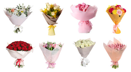 Wall Mural - Different bouquets of beautiful flowers isolated on white, set