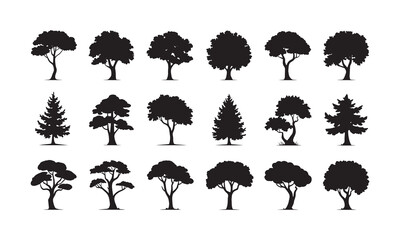 set of 18 silhouette tree silhouettes icon . tree line drawing set, Side view, set of graphics trees elements outline symbol for architecture and landscape design drawing. 