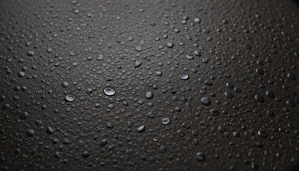 Poster - Tiny water droplets rest on a dark surface, forming intricate patterns. The scene captures the freshness following a rain shower, evoking a serene and contemplative atmosphere