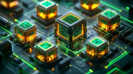 Poster - Illuminated Cubes Connected On A Futuristic Circuit Board