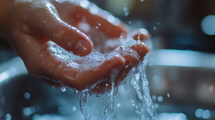 A close-up of hands being washed under running water, with clear droplets sparkling as they fall into the sink