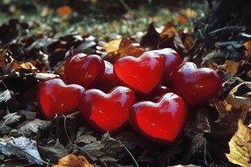 Sticker - Bright red hearts resting on colorful autumn leaves in a serene park setting