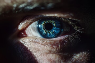 Macro shot of a mana??s deep indigo-blue eye, highlighting rich textures and intricate patterns in the iris, captured in