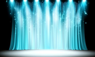 Poster - a dark background highlights an empty stage show with neon lights and laser displays creating dynami