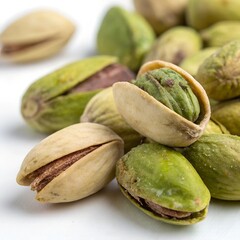 A detailed image of shelled pistachios, showing their textured, green kernels with slight brown hues, placed in a small pile with a few still in their shells, set on a white backdrop.