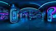 © Nari - full 360 degree spherical panorama view of industrial futuristic product showcase with spotlight with blue and violet neon lights 3d render illustration hdri hdr vr style