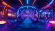 © Nari - full 360 degree spherical panorama view of industrial futuristic product showcase with spotlight with blue and violet neon lights 3d render illustration hdri hdr vr style