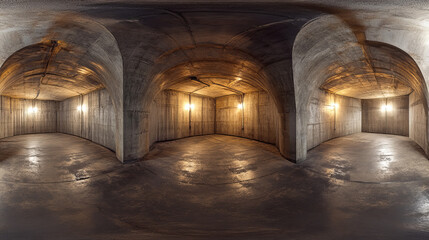 Poster - 360 degree full panorama environment map of dark industrial concrete basement with spot lights 3d render illustration hdri hdr vr virtual reality content