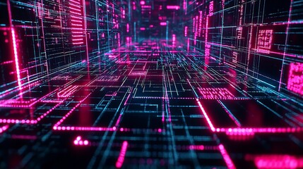 Aufkleber - Abstract Digital Corridor Showing Neon Lines and Data Streams