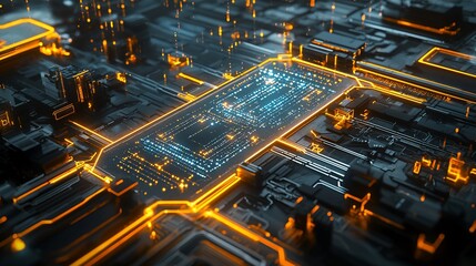 Poster - Futuristic Circuit Board Glowing With Orange And Blue Lights